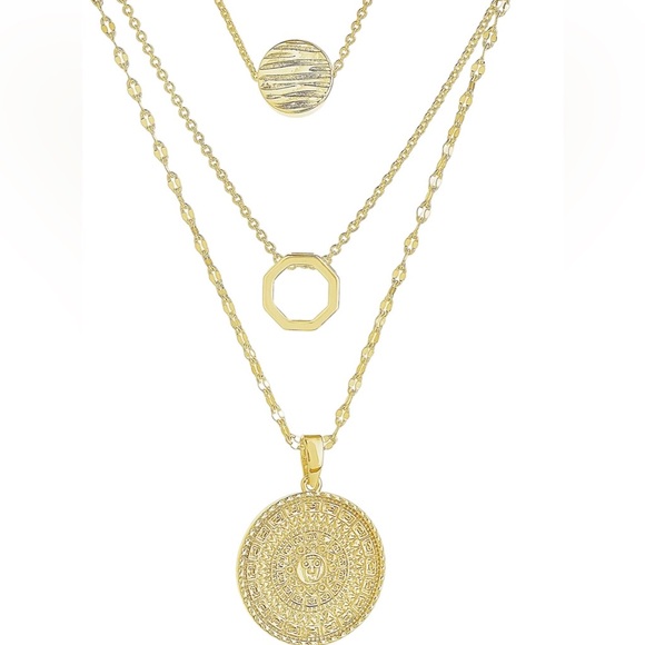 STERLING FOREVER 14K GOLD PLATED TEXTURED DISC LAYERED CHAIN NECKLACE - NWT - Picture 2 of 5